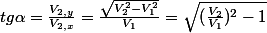 tg\alpha = \frac{V_{2,y}}{V_{2,x}} = \frac{\sqrt{ V_{2}^2 - V_{1}^2}}{V_1} =\sqrt{(\frac{V_2}{V_1})^2-1}